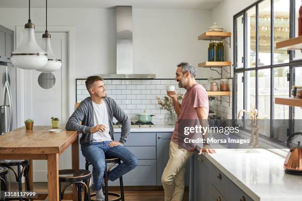 feliz pareja gay en casa - casa real española fotografías e imágenes de stock