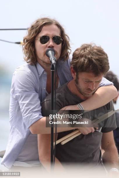 Singer Julien Dore rehearses his new song on the 'Le Grand Journal' set on May 13, 2011 in Cannes, France.