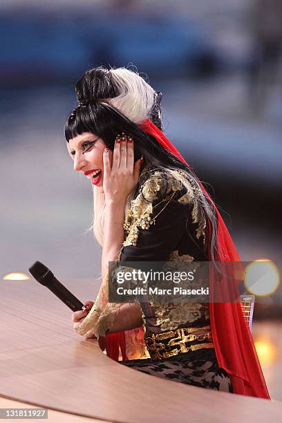 Lady Gaga attends the 'Le Grand Journal' tv show at Martinez Beach Pier on May 11, 2011 in Cannes, France.