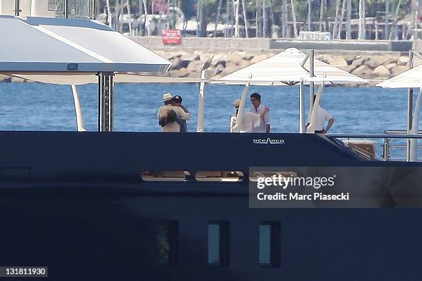 Leonardo Di Caprio meets director Steven Spielberg on his boat on May 17, 2011 in Cannes, France.