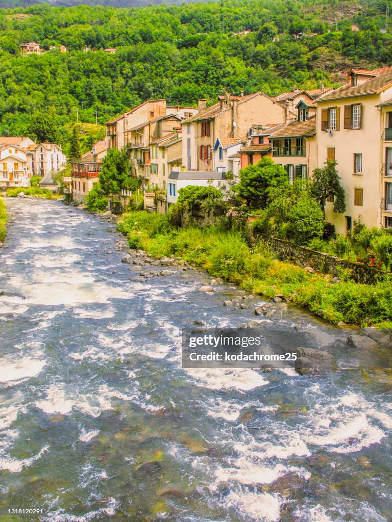 Ax-les-Thermes is a commune in the Ariège department in the Occitanie region of south-western France. A spa town on a sunny day in Spring. There are no visible people in the picture.