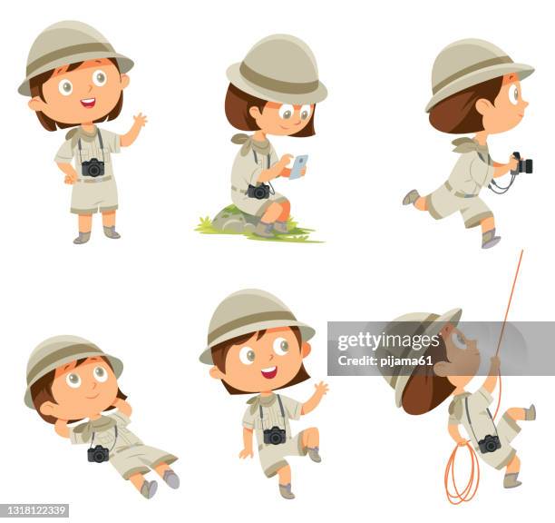 ilustrações de stock, clip art, desenhos animados e ícones de girl in scout uniform in many poses on white - young travellers