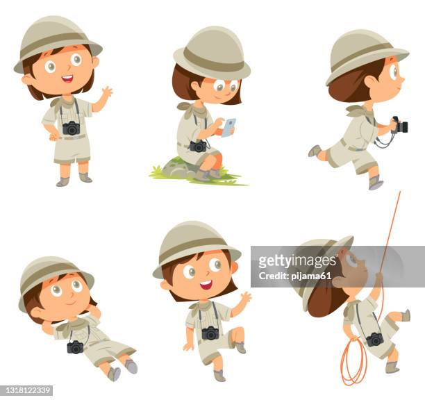 穿著童子軍制服的女孩在白色的許多姿��勢 - safari 幅插畫檔、美工圖案、卡通及圖標
