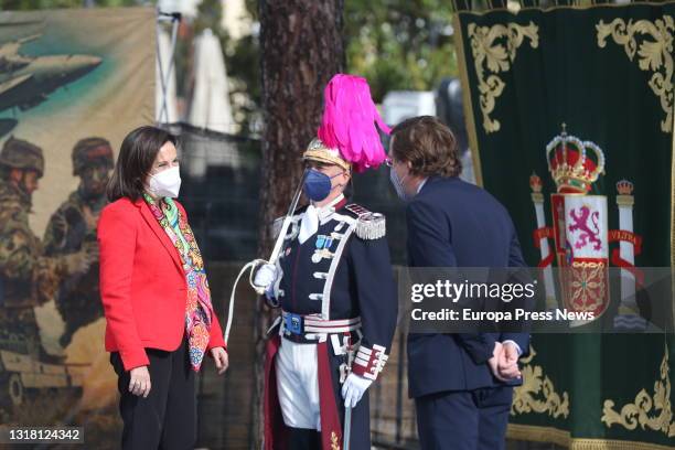 The Mayor of Madrid, Jose Luis Martinez Almeida, and the Minister of Defence, Margarita Robles, during the raising of the flag on the occasion of San...