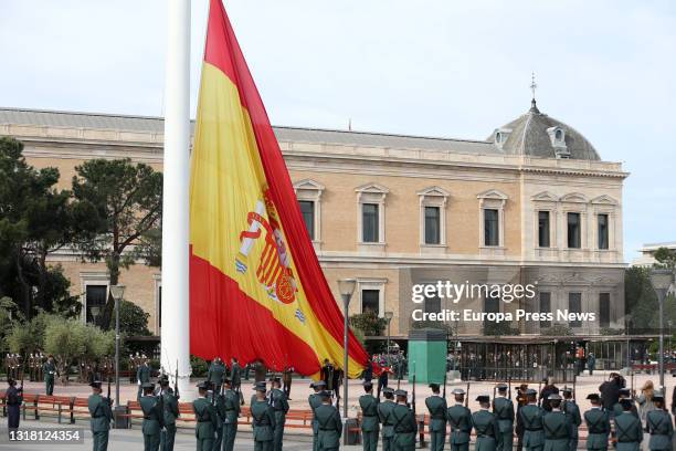 Raising of the flag on the occasion of San Isidro's Day in the Jardines del Descubrimiento of the Plaza de Colon, on 15 May, 2021 in Madrid, Spain....