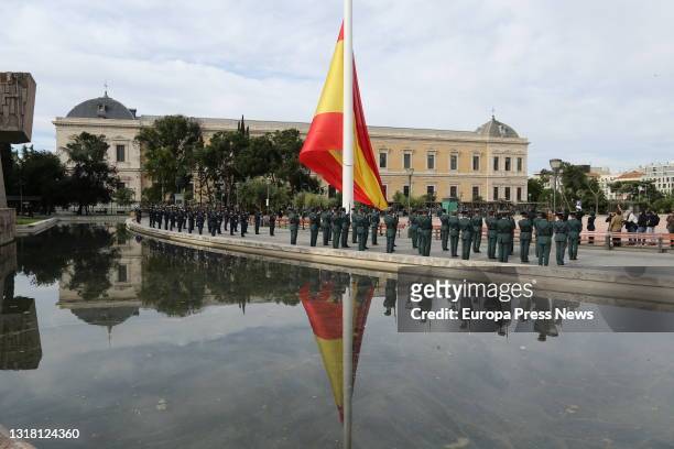 Raising of the flag on the occasion of San Isidro's Day in the Jardines del Descubrimiento of the Plaza de Colon, on 15 May, 2021 in Madrid, Spain....