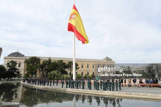 Raising of the flag on the occasion of San Isidro's Day in the Jardines del Descubrimiento of the Plaza de Colon, on 15 May, 2021 in Madrid, Spain....