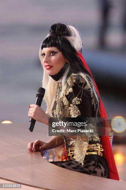 Lady Gaga attends the 'Le Grand Journal' tv show at Martinez Beach Pier on May 11, 2011 in Cannes, France.