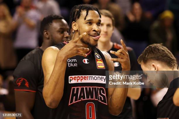 Justin Simon of the Hawks celebrates victory during the round 18 NBL match between Illawarra Hawks and New Zealand Breakers at WIN Entertainment...