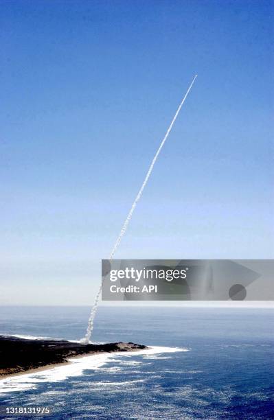 An Aries ballistic missile target is seen seconds after lift-off from the Pacific Missile Range Facility, Barking Sands, Kauai, Hawaii. Three and...