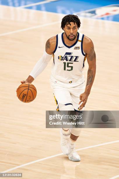 Derrick Favors the Utah Jazz dribbles down the court against the Oklahoma City Thunder at Chesapeake Energy Arena on May 14, 2021 in Oklahoma City,...