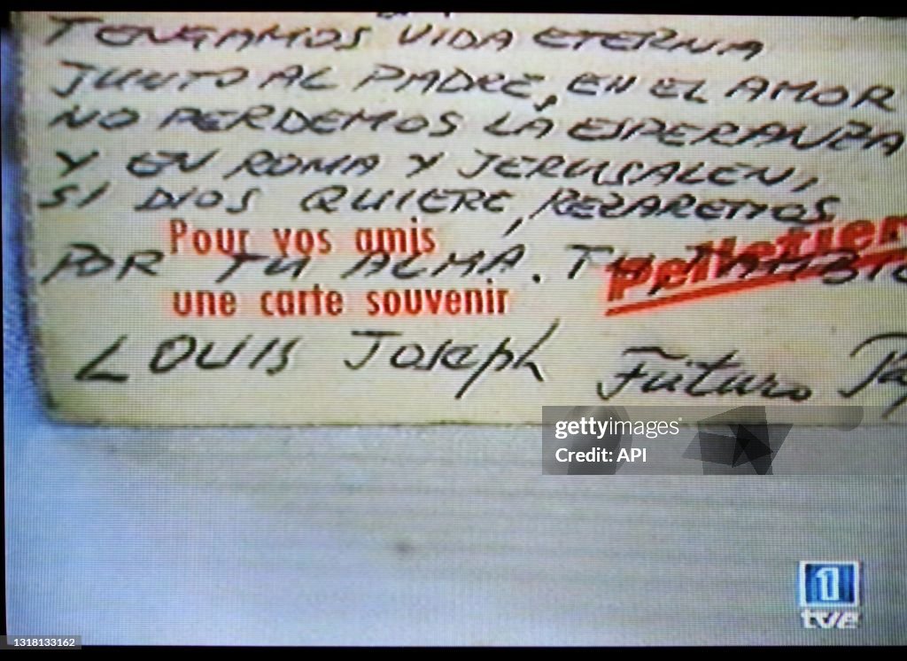 Spanish TV video stills of a postcard from Joseph Ratzinger signed "future Pope Benedict XVI".