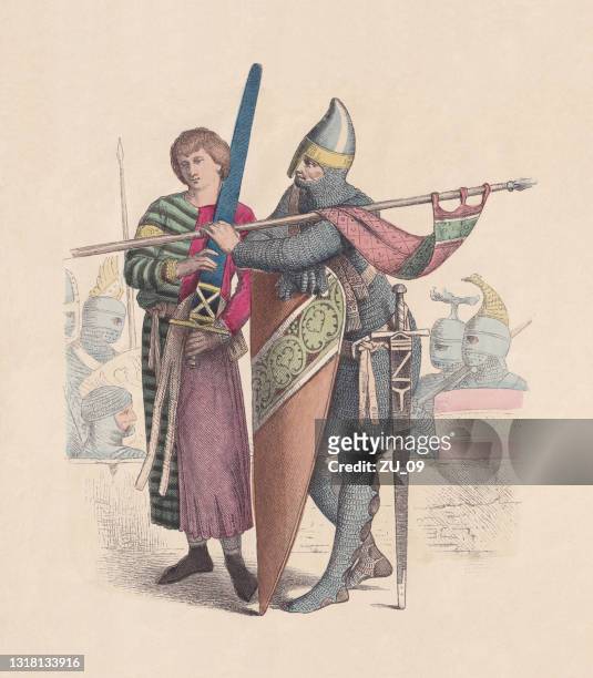 squire and knight, 12. jahrhundert, handkolorierter holzstich, veröffentlicht um 1880 - squire stock-grafiken, -clipart, -cartoons und -symbole