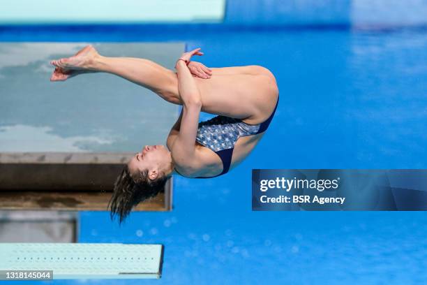 Anna Pysmenska of Ukraine competing in the Womens 3M Springboard Preliminary during the LEN European Aquatics Championships Diving at Duna Arena on...