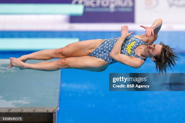 Anna Pysmenska of Ukraine competing in the Womens 3M Springboard Preliminary during the LEN European Aquatics Championships Diving at Duna Arena on...