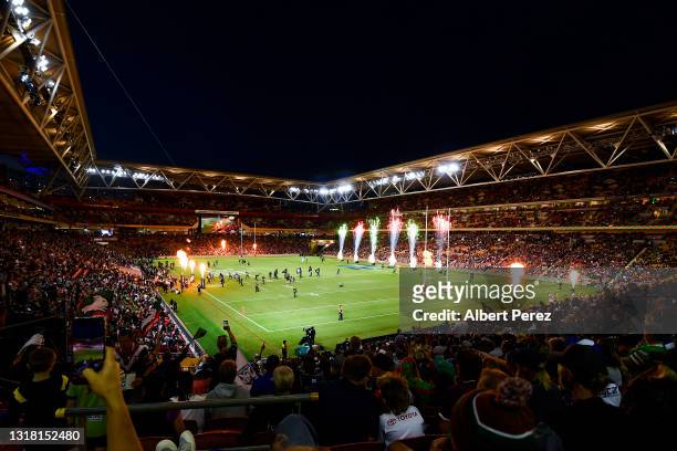 General view is seen as the teams take to the field during the round 10 NRL match between the Cronulla Sharks and the South Sydney Rabbitohs at...