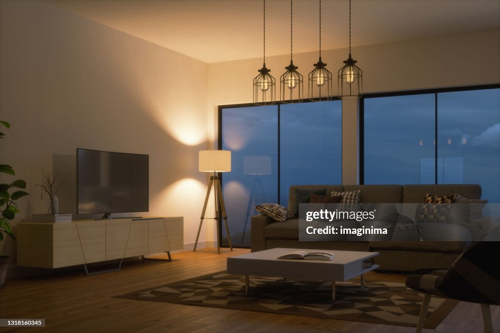 Interior de la sala de estar de estilo escandinavo por la noche