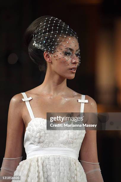 Model showcases designs by Matthew Eager on the catwalk during the finale at the Myer Autumn/Winter Season Launch 2011 Show at The Royal Exhibition...