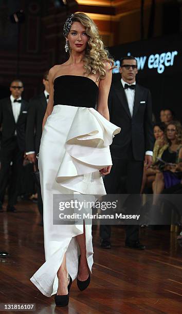 Jennifer Hawkins showcases designs by Matthew Eager on the catwalk during the finale at the Myer Autumn/Winter Season Launch 2011 Show at The Royal...