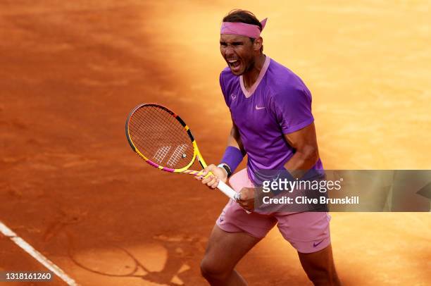 Rafael Nadal of Spain celebrates match point during his semi-final match with Reilly Opelka of USA on Day Eight of the Internazionali BNL D'Italia...