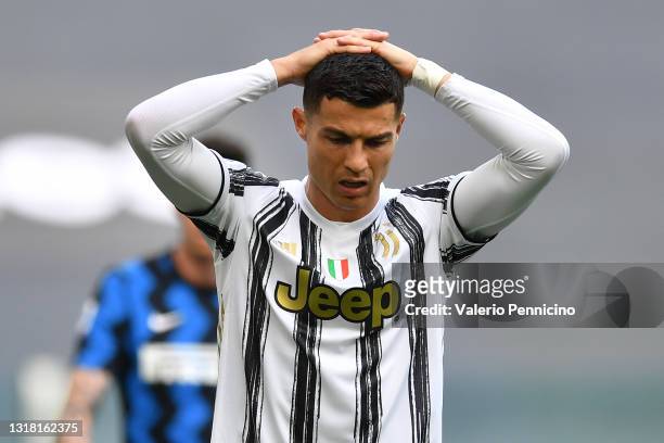 Cristiano Ronaldo of Juventus reacts during the Serie A match between Juventus and FC Internazionale at on May 15, 2021 in Turin, Italy. Sporting...