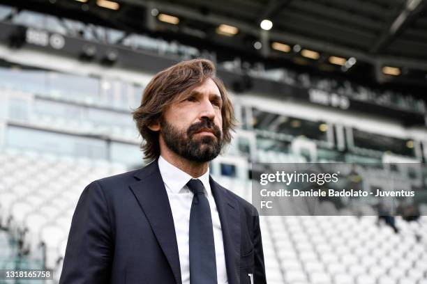 Head coach of Juventus Andrea Pirlo looks on prior to the Serie A match between Juventus and FC Internazionale at Allianz Stadium on May 15, 2021 in...