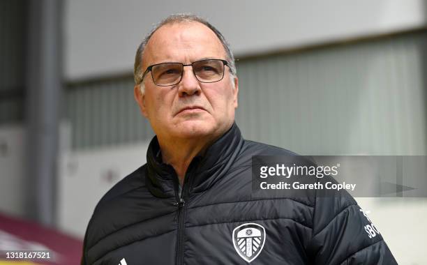 Marcelo Bielsa, Manager of Leeds United looks on during the Premier League match between Burnley and Leeds United at Turf Moor on May 15, 2021 in...
