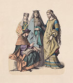 German prince and noble women, 13th century, hand-colored woodcut, c.1880
