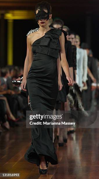 Model showcases designs by Matthew Eager on the catwalk during the finale at the Myer Autumn/Winter Season Launch 2011 Show at The Royal Exhibition...