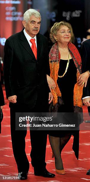 Pasqual Maragall and his wife Diana Garrigosa arrive to the 2011 edition of the 'Goya Cinema Awards' ceremony at Teatro Real on February 13, 2011 in...