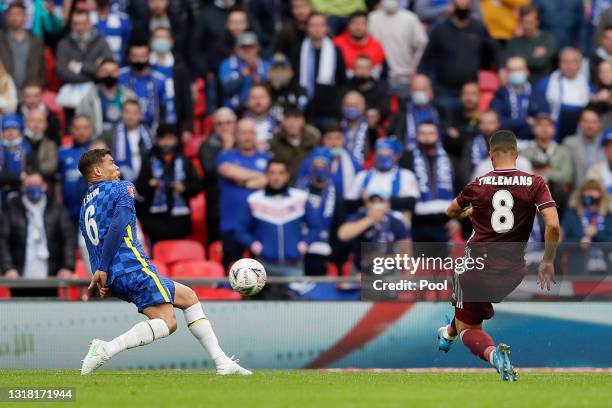 Youri Tielemans of Leicester City scores their side's first goal during The Emirates FA Cup Final match between Chelsea and Leicester City at Wembley...