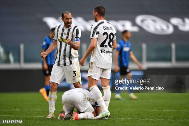 Giorgio Chiellini and Merih Demiral of Juventus celebrate victory after the Serie A match between Juventus and FC Internazionale at Allianz Stadium...