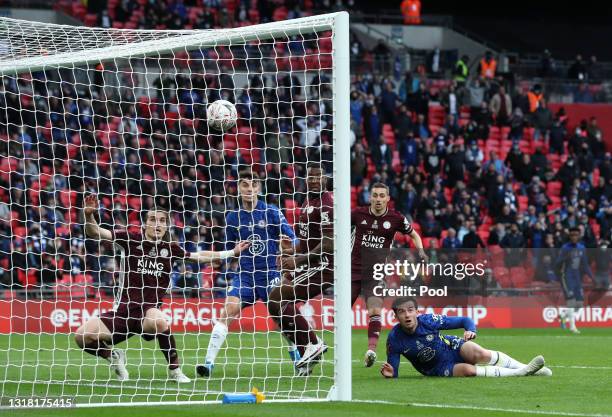 Ben Chilwell of Chelsea looks on after his effort is cleared by Caglar Soyuncu into Wes Morgan of Leicester City resulting in a goal that was later...