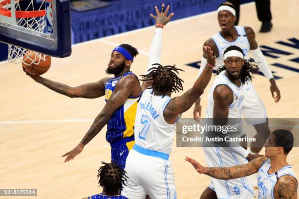 JaKarr Sampson of the Indiana Pacers takes a shot around Ben McLemore of the Los Angeles Lakers during the second quarter at Bankers Life Fieldhouse...