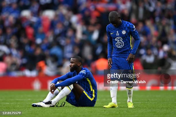 Antonio Rudiger and N'Golo Kante of Chelsea look dejected following defeat in The Emirates FA Cup Final match between Chelsea and Leicester City at...