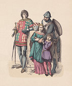 German knight family, 13th century, hand-colored wood engraving, published c.1880