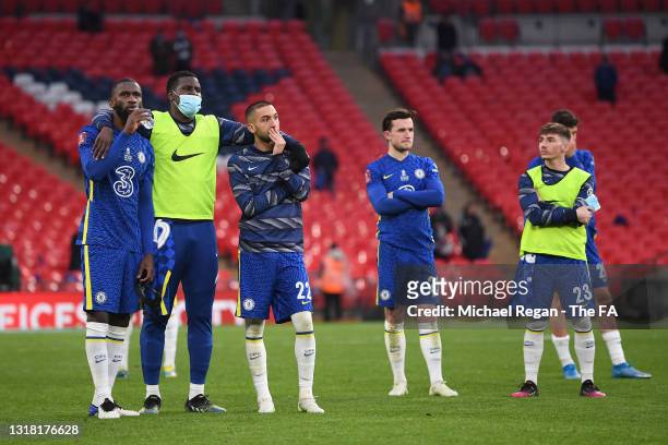 Antonio Rudiger, Kurt Zouma, Hakim Ziyech, Ben Chilwell and Billy Gilmour of Chelsea look dejected following The Emirates FA Cup Final match between...