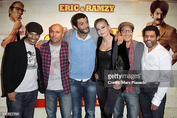 Rachid Dhibou, Eric Judor, Ramzy Bedia, Anca Radici and Frederic Chau attend the 'Halal Police d'etat' premiere at UGC Cine Cite Bercy on February...