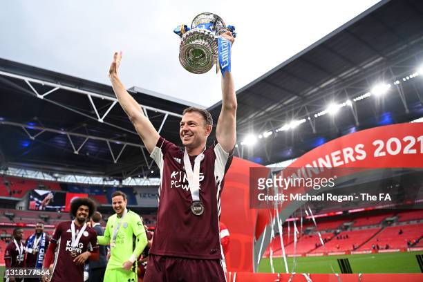 Jonny Evans of Leicester City celebrates with the Emirates FA Cup trophy following The Emirates FA Cup Final match between Chelsea and Leicester City...