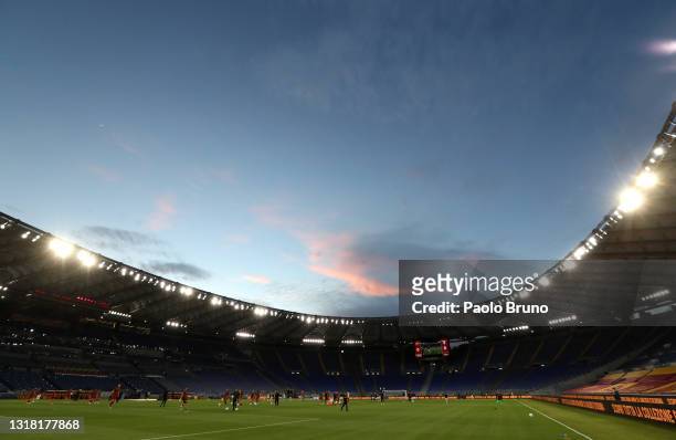 General view inside the stadium prior to the Serie A match between AS Roma and SS Lazio at Stadio Olimpico on May 15, 2021 in Rome, Italy. Sporting...