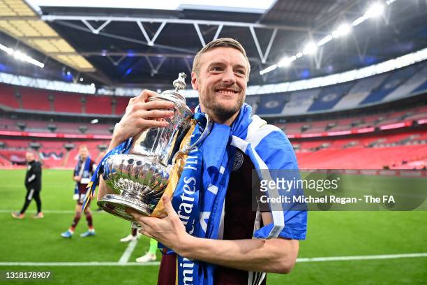 Jamie Vardy of Leicester City celebrates with the Emirates FA Cup trophy following The Emirates FA Cup Final match between Chelsea and Leicester City...