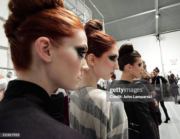 Models pose backstage during for the Venexiana Fall 2011 presentation during Mercedes-Benz Fashion Week at The Studio at Lincoln Center on February...