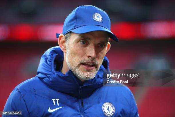 Thomas Tuchel, Manager of Chelsea talks to the media following The Emirates FA Cup Final match between Chelsea and Leicester City at Wembley Stadium...