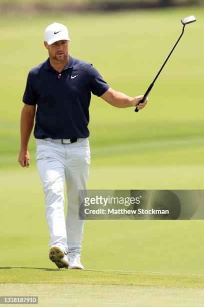 Alex Noren reacts after putting for eagle on the 5th hole during round three of the AT&T Byron Nelson at TPC Craig Ranch on May 15, 2021 in McKinney,...
