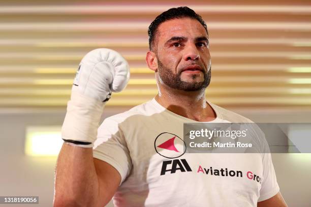Mahmoud Charr of Germany celebrates after defeating Christopher Lovejoy of United States during their WBA heavyweight fight at Sport Studio Baaden on...