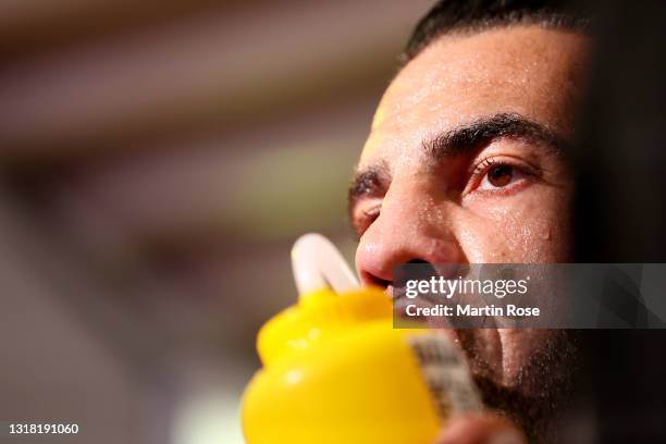 Mahmoud Charr of Germany appears at the ring prior to his WBA heavyweight fight against Christopher Lovejoy at Sport Studio Baaden on May 15, 2021 in...