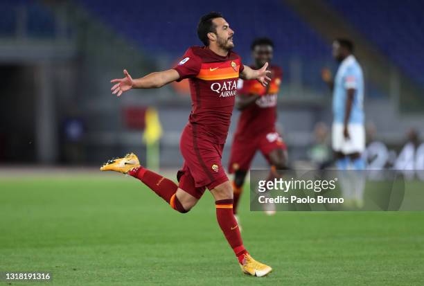 Pedro of Roma celebrates after scoring his team's second goal during the Serie A match between AS Roma and SS Lazio at Stadio Olimpico on May 15,...