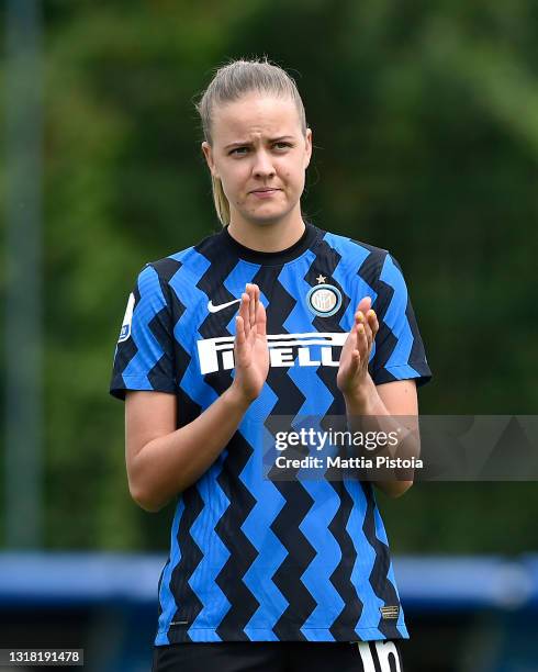 Caroline Moller Hansen applauds before the Women Serie A match between FC Internazionale and Florentia at Suning Youth Development Centre in memory...