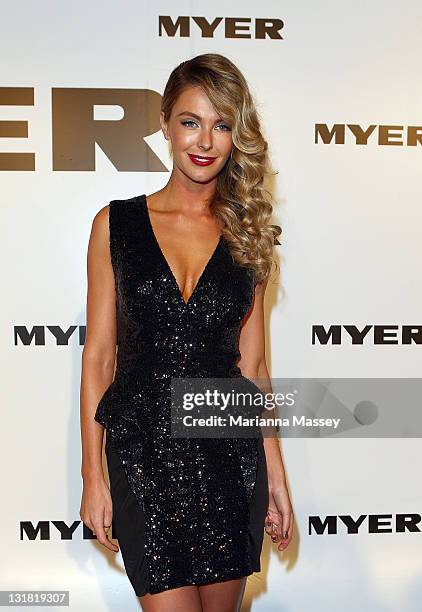 Model Jennifer Hawkins arrives at the Myer Autumn/Winter Season Launch 2011 at The Royal Exhibition Building on March 1, 2011 in Melbourne, Australia.