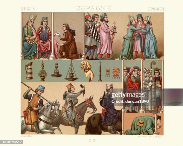 ilustraciones, imágenes clip art, dibujos animados e iconos de stock de moda medieval de españa, siglo viii, rey de castilla - spanish culture